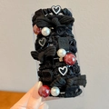 Black high-elastic hair ties set with pearl and heart pendants in a clear box - Obsidian Black