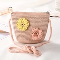 Pink woven straw bucket bag for girls with floral accents and a braided shoulder strap - Button Large 2 Flowers / Pink