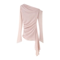 Elegant one-shoulder pink blouse with ruffles and asymmetrical long sleeve design - S / Pink