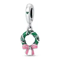 Weihnachtskranz Anhänger aus Silber mit grünen Steinen und rosa Emaille-Schleife - Weihnachtskranz (0072)