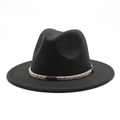 Close-up of black wool felt fedora with detailed black and white woven rope band - M (56-58cm) / Black