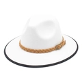 Detailed close-up of white wool fedora with black edging and brown braided band buckle - M (56-58cm) / White