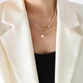 Asymmetrische Kette mit Zirkonia-Gliedern und Barockperlen-Anhänger für Damen - 43cm / Gold Stahl Patchwork Zirkonia Halskette