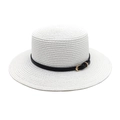 Elegant white straw boater hat with black leather band and gold buckle for sun protection - M (56-58cm) / Pure White