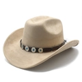 Detailopname van kaki suède cowboyhoed met turquoise bohemien decoratieve band - M (56-59cm) / Licht Kameel Namaaksuède