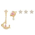 Set orecchini dorati con cuore in zircone rosa, luna e bottoni a fiore su sfondo bianco - Set da 5 Pezzi Stella Luna Pianeta (TZ00113 Oro)