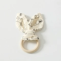 Baby teething ring with beige cotton rabbit print gauze ears on natural wood - Bunny Pattern
