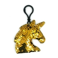 Golden sequin unicorn keychain with a black plastic hook for bags and backpacks - Horse Head