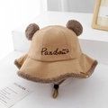 Detail of baby corduroy bucket hat with plush ears, lace trim, and adjustable drawcord - 50cm (1-3 Years) / Caramel color