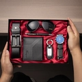Men's gift set with blue dial watch, black leather wallet, belt, and sunglasses in a box - 7-Piece Black Set (Belt + Wallet + Watch + Keychain + Pen + Sunglasses + Gift Box)