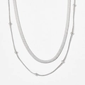 Double-layered silver stainless steel set featuring flat snake chain and beaded necklace - Silver (PDD264)