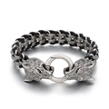 Pulsera de cuero trenzado para hombre con dos cabezas de lobo y cierre de anillo acero - 20cm / Plata Antigua