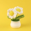 Macro shot of handcrafted crochet white daisies and green leaves in a white ceramic pot - White