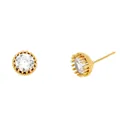 Vintage gold plated round zircon stud earrings with crown setting and micro bead frame - Style B/Round / Gold