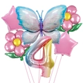 Regenbogenfarbenes Folienballon-Set Nummer 4 mit blauem Schmetterling und Blumen - Farbverlauf Stil 4