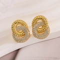 Luxe 18k vergulde geometrische oorbellen met geribbelde textuur en ingelegde zirkoonsteen - Dubbele Ring In elkaar grijpend (45460) / Goud