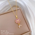 Detail of pink flower necklace with white zircon leaves on a luxury jewelry box - Length 40+5cm / Pink Flower Necklace (Titanium Steel Chain & Copper Pendant)