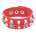 Detail view of red PU leather cuff with silver skull studs and adjustable snap button - Red Skull