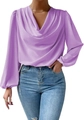 Detail of elegant purple long sleeve blouse featuring a soft cowl neck and silky fabric - Purple