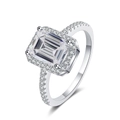 S925 sterling silver emerald cut moissanite ring with a diamond encrusted band in silver - US 7 / White Emerald Cut