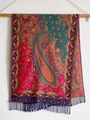 Detailed close-up of ethnic paisley pattern and fringe on soft cashmere-like shawl scarf - 70*180cm / T141-02 Red Green Blue