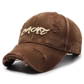 Distressed dark brown washed cotton baseball cap with move embroidery and ripped holes - Adjustable / Dark Coffee