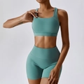 Set reggiseno sportivo e pantaloncini yoga verde menta a vita alta elastico - Verde anatra-Completo pantaloncini