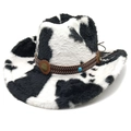 Close-up of cow print cowboy hat featuring a braided leather band with turquoise beads - M (56-58cm) / Straight Crown Black