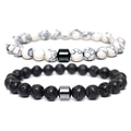 Vintage beaded bracelet set with white turquoise, black volcanic stone and magnetic beads - 2 Pcs Set - Magnetic Clasp / White Howlite / Black Lava Stone