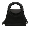 Minimalist black trapezoid handbag with unique circular handle and detachable strap - Black