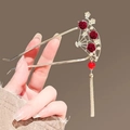 Épingle à cheveux en éventail doré avec roses rouges et pompon de perles pendant - Éventail de Fleurs Rouges (176) / Or/Rouge