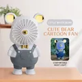 Portable white cartoon bear USB fan with golden accents and blue LED night light function - Gray