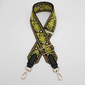 Adjustable ethnic style embroidered canvas bag strap with black leather and gold hooks - Yellow + Black Leather + Gold Hook