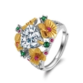 Elegant S925 silver flower ring with triangle crystal and colorful gemstone accents - Lzr23 For Sale