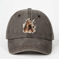 Close-up of artistic horse print on washed cotton baseball cap with vintage finish - One Size / Coffee