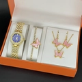 Elegant gold-tone watch and butterfly jewelry set featuring pink charms in a gift box - Blue Dial + Large Butterfly Set (Watch + Jewelry)