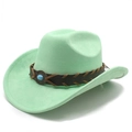 Close-up of mint green suede cowboy hat with braided leather band and turquoise stone - M (56-58cm) / Fluorescent Green