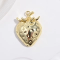Detail of a golden metal strawberry pendant with realistic seed textures and leaf loop - VD1661 Gold Smooth Four-leaf Strawberry
