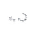 Asymmetric silver star and crescent moon stud earrings set with sparkling zircon stones - Asymmetric Star Moon / White Gold