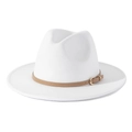 Detail of white wool felt jazz hat featuring a brown leather band and gold metal buckle - M(56-58cm) / White + Light Khaki Belt