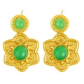 Elegant gold earrings with green semi-sphere stones and floral textured pendants - Star Green Cat Eye Drop