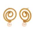 Golden twisted rope texture stud earrings with white pearl drop for elegant women - Gold