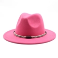 Detail of rose red wool felt fedora hat featuring a woven brown decorative band - Rose Red