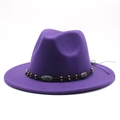 Detail of purple wool fedora with a black braided band and turquoise stone embellishments - Purple
