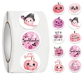 Detailed view of pink Halloween sticker roll with watercolor ghost and pumpkin patterns - Jjt054 Pink Halloween (10 Images 500 Images/roll)