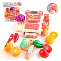 Pink and white kids supermarket cash register toy set with scanner and play food - Brown and Almond Cash Register Fruit/Veg Cutting Set Bagged (333-7K)