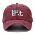 Berretto da baseball rosso scuro lavato con ricamo LOVE e stampa di zampa outdoor - Borgogna