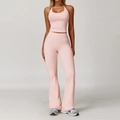 Pink halter yoga top and high waist flare sports pants set for fitness workout - S / Peach Pink (Top+Flared Pants)