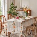 Detail of floral embroidery on a vintage beige lace tablecloth with red and yellow flowers - Christmas Tulip / 140*140cm