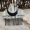 Detail of natural crystal shards and black crescent moon on handmade bridal hair comb - Clear Quartz Black Moon